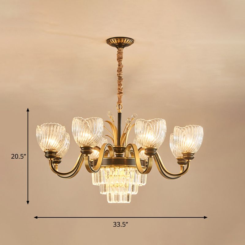 Braccio curvy soggiorno lampadario classico vetro prismatico in vetro a 8 luci oro a pendente