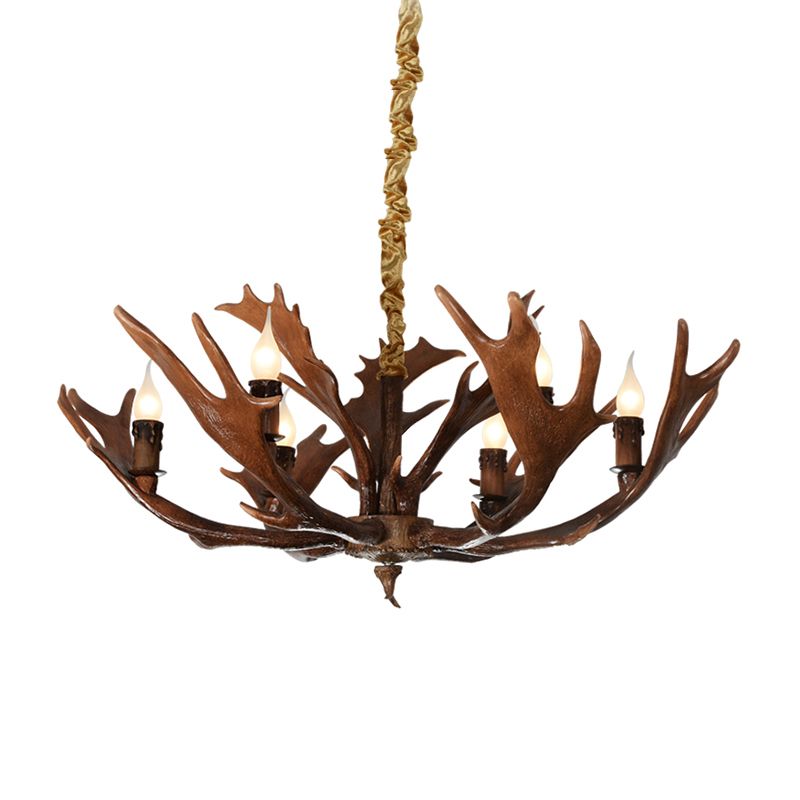 Candle Shape Bedroom Hanging Lamp Traditional Resin 6-Bulb Brown Chandelier Pendant Light with Antler