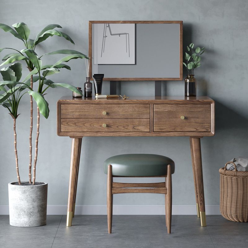 3 Drawers Mirrored Makeup Table Solid Wood Vanity Desk Stool Set