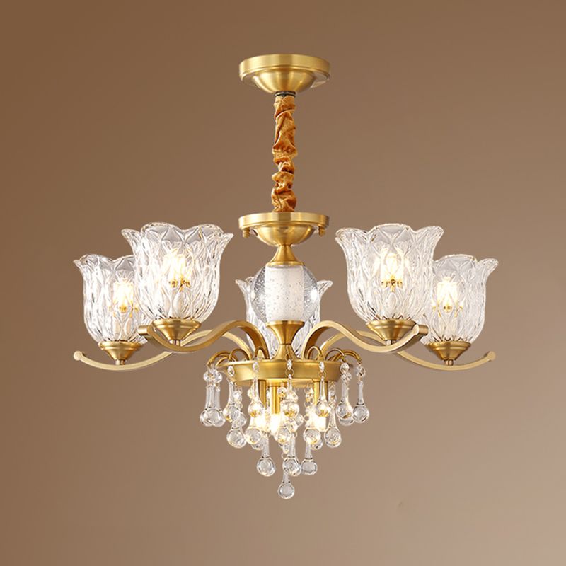 European Style Chandelier Brass Flower Shape Hanging Light with Crystal for Bedroom