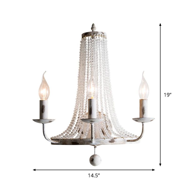 Distressed White 3 Heads Wall Sconce Classic Metal Candle Wall Mounted Light Fixture with Glass Strands