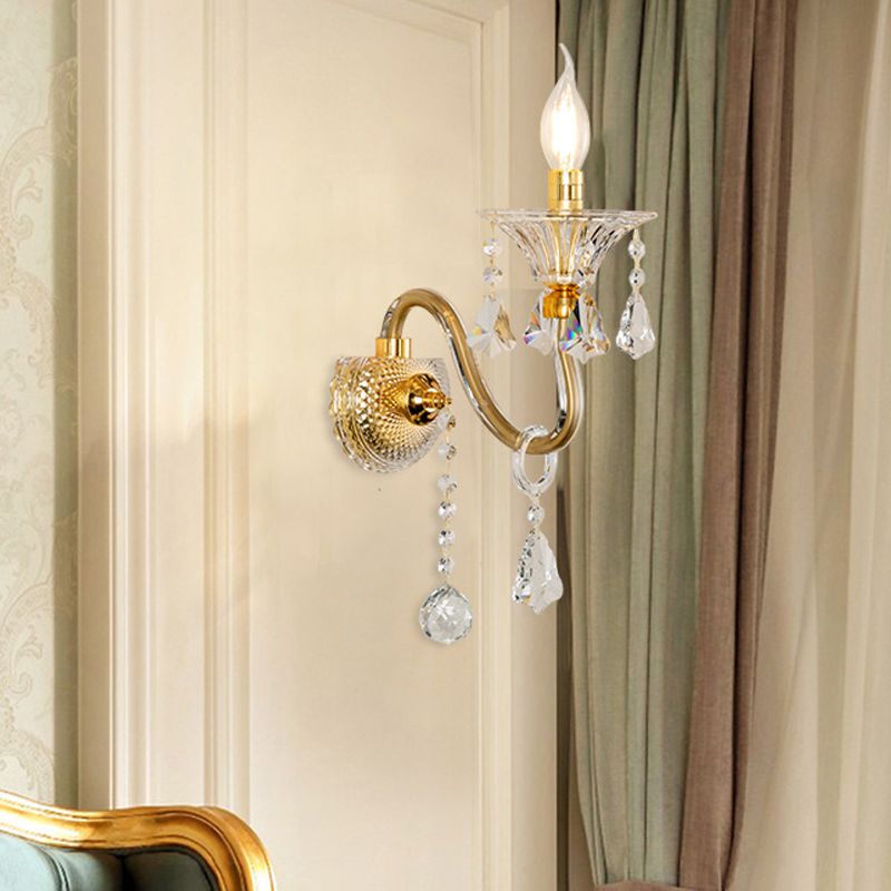Mid-Century 1/2 Lights Wall Mounted Lighting Brass Candle Sconce Light Fixture with Crystal Shade