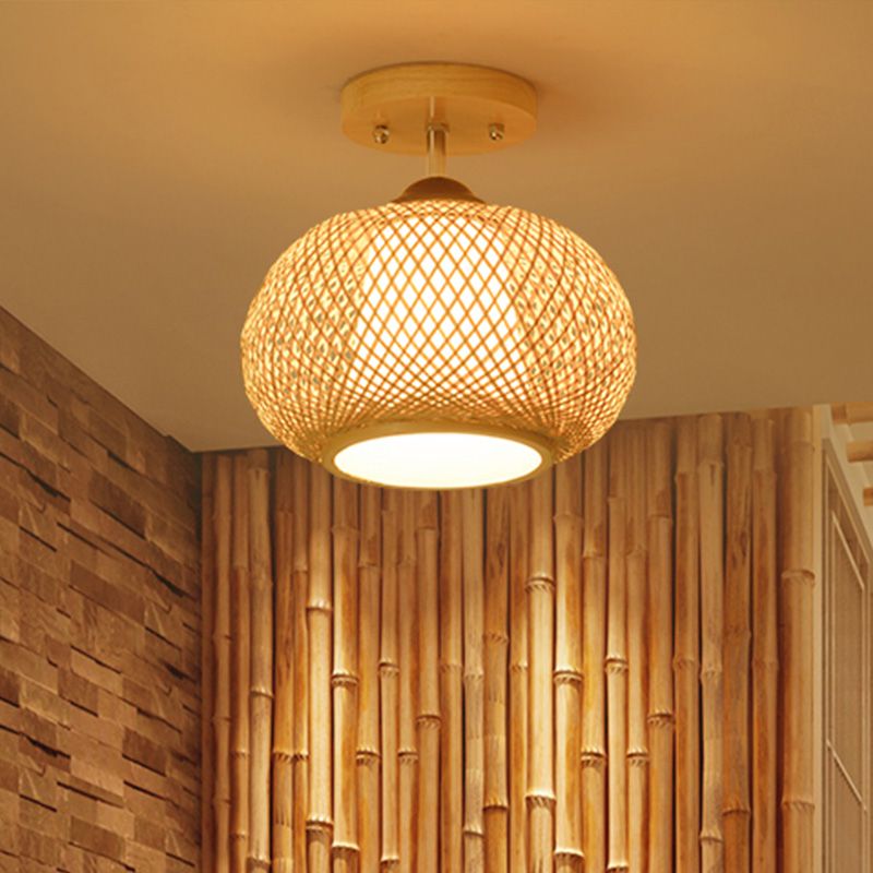 Pompoen Semi-Flush Mount Japanse bamboe 1-hoofd vlas dicht bij plafondverlichting, 14"/16" breed