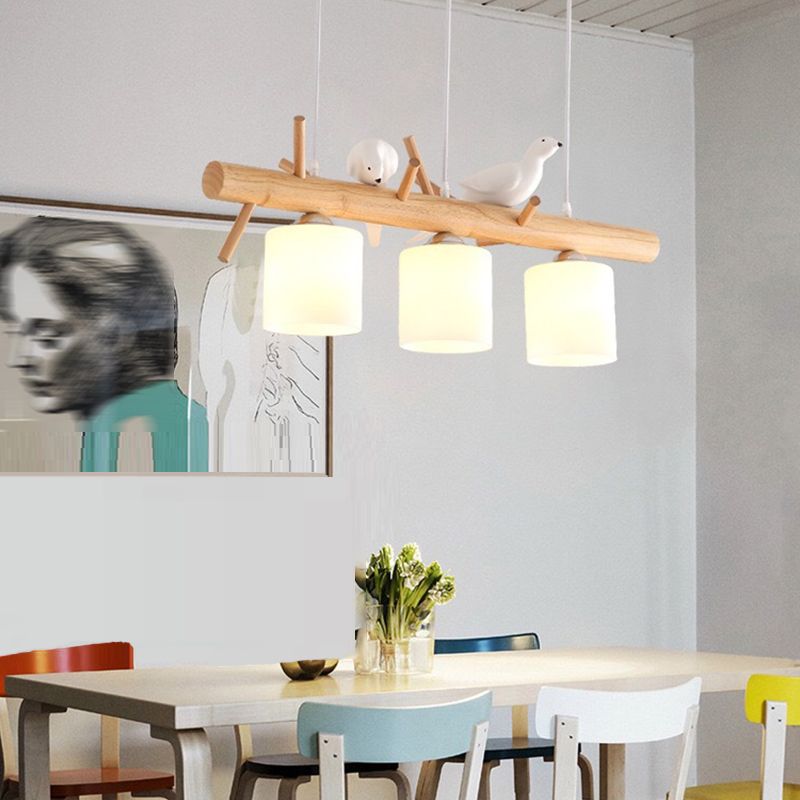 Wood Island Lamp Modern Island Hanging Light with Glass Shade for Dining Room