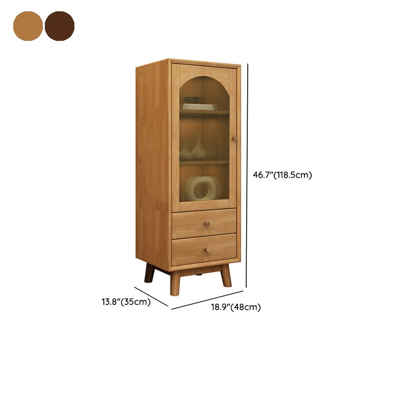 Mid Century Solid Wood 1-Door Cabinet Glass Paned Side Cabinet with 2-Drawer
