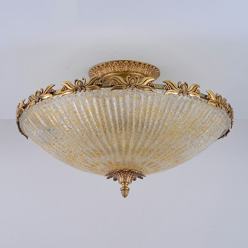 Antiqued Bowl Shaped Flush Light Clear Variegated Glass Semi Mount Lighting in Brass