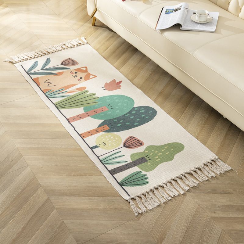 Modern Plant Printed Rug Multi-Colored Jute Area Carpet Easy Care Pet Friendly Stain-Resistant Indoor Rug with Tassel for Bedroom