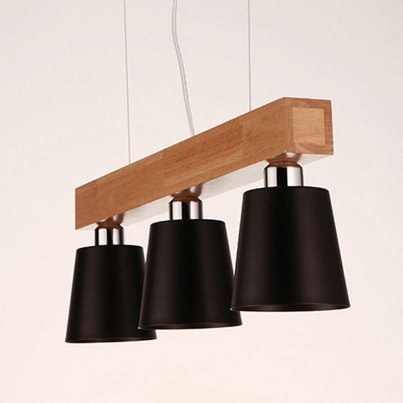 Nordic Minimalist Metal Cone Shades Hanging Light Linear Wood Restaurant Island Light in Black
