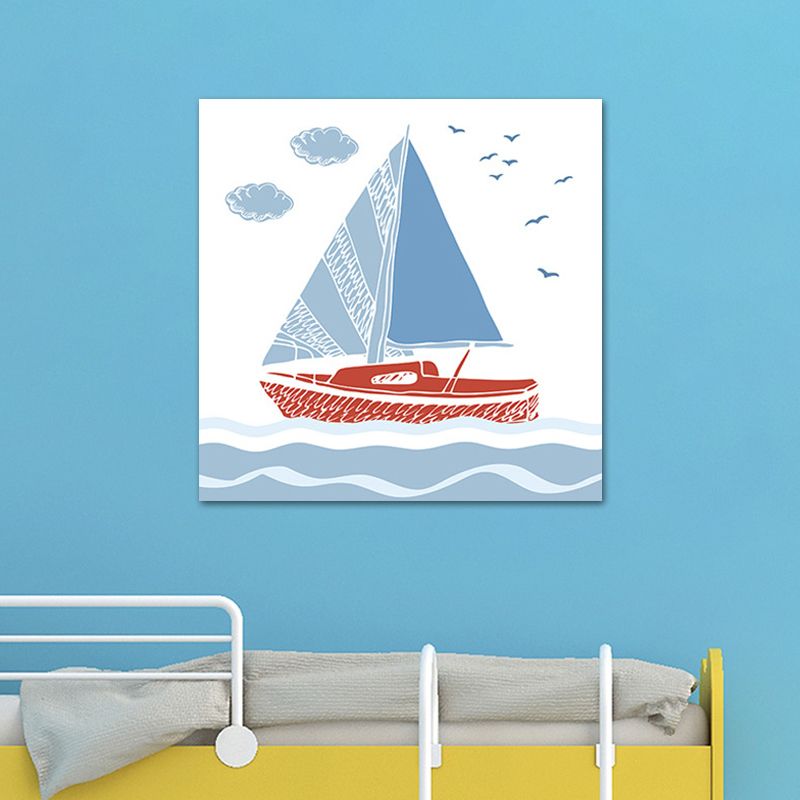 Cartoon Sailboat Wall Art Print Boys Bedroom Canvas in Blue, Multiple Sizes Available