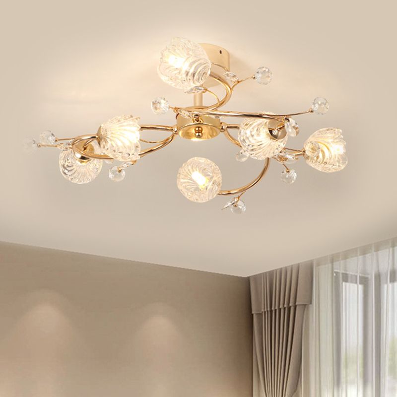 6-Head Bedroom Semi Flush Light Fixture Minimalism Gold Ceiling Lighting with Bloom Clear Crystal Shade