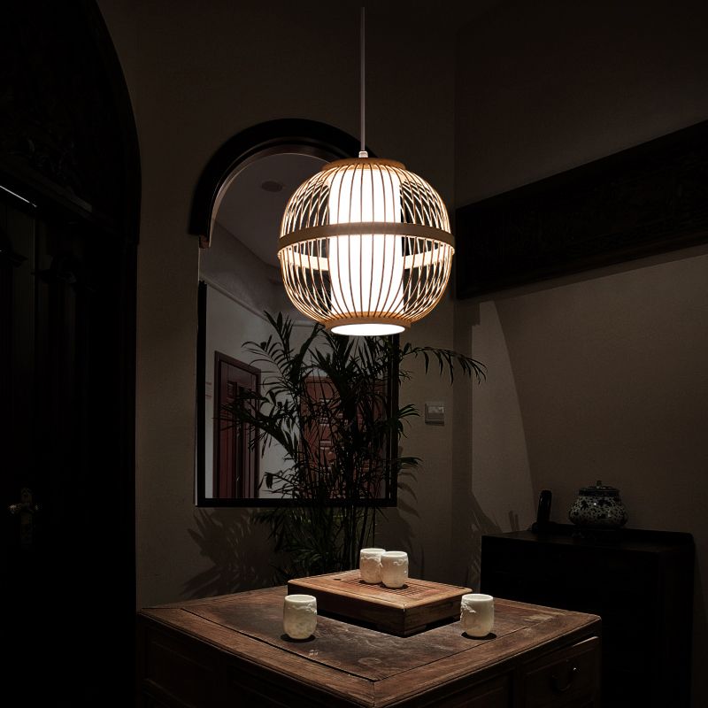 Lantern Tea Room Ceiling Light Bamboo 1 Bulb Asian Style Hanging Light Fixture in Wood