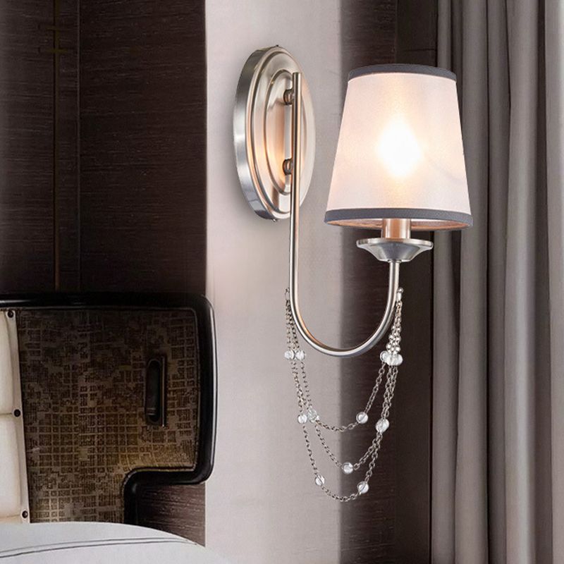 1/2-Head Wall Mount Lamp Retro Living Room Sconce Light with Tapered Fabric Shade in Silver