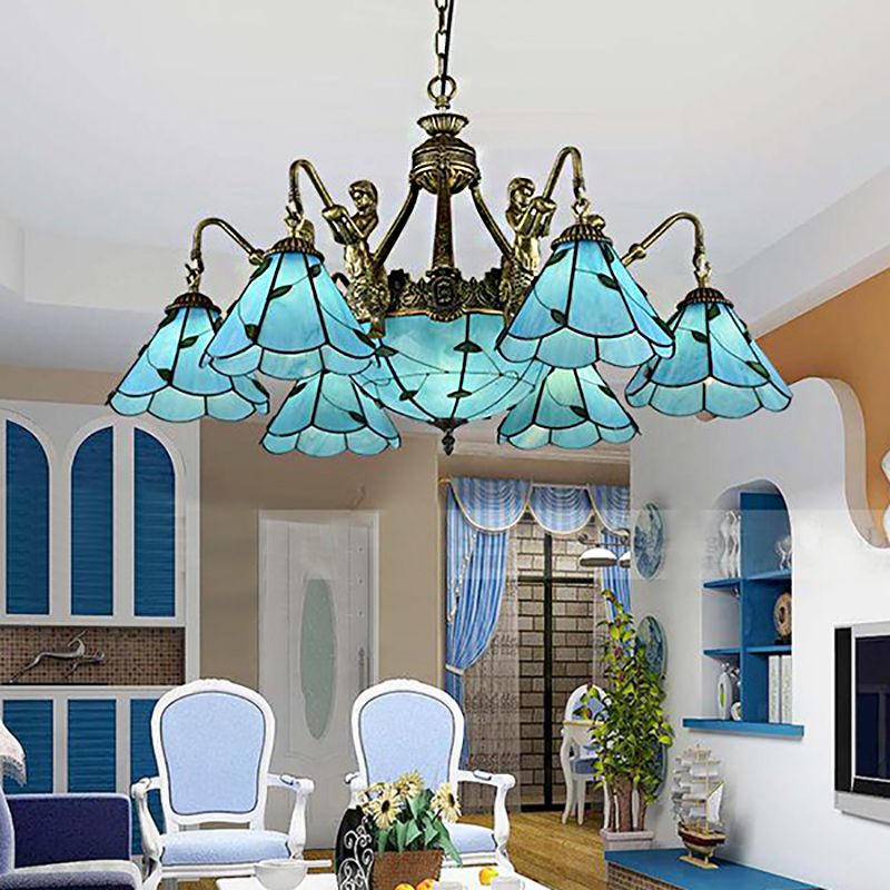 9 Lights Dining Room Ceiling Lamp Tiffany Blue Chandelier Light with Cone Stained Glass Shade