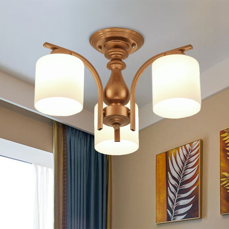 3/5/6 Lichten Woonkamer Plafond Lamp Licht Paksel Traditionele gouden semi -spoeling met cilinder Frosted Glass Shade