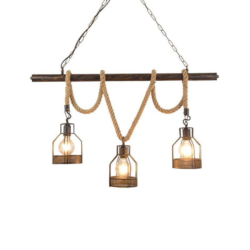 Global/Bottle Restaurant Island Pendant Light Iron 3 Lights Retro Style Black Ceiling Light with Hanging Rope