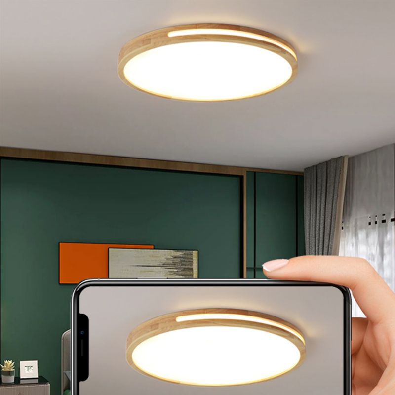 Wood Round Shape Flush Mount Light Modern 1-Light Mirror Flush Mount Fixture in Brown