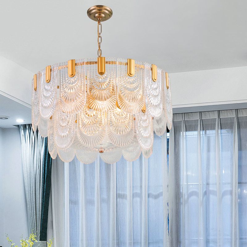 Lampada per goccia di vetro a testura chiara smerlata classica sala da pranzo lampadario lampadario in ottone