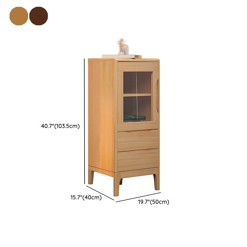 Mid Century Solid Wood 1-Door Cabinet Glass Paned Side Cabinet with 2-Drawer