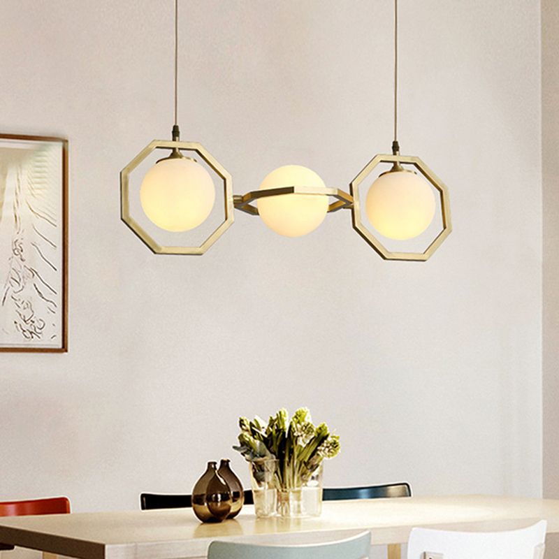 White Frosted Glass Orb Island Light Fixture Modernist 3-Light Ceiling Pendant Lamp with Gold Octagon Frame