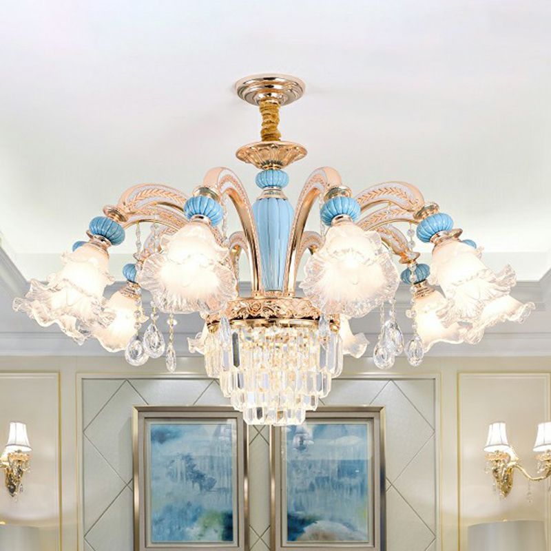 Frosted White Glass Floral Chandelier Antiqued Bedroom Hanging Ceiling Light in Blue