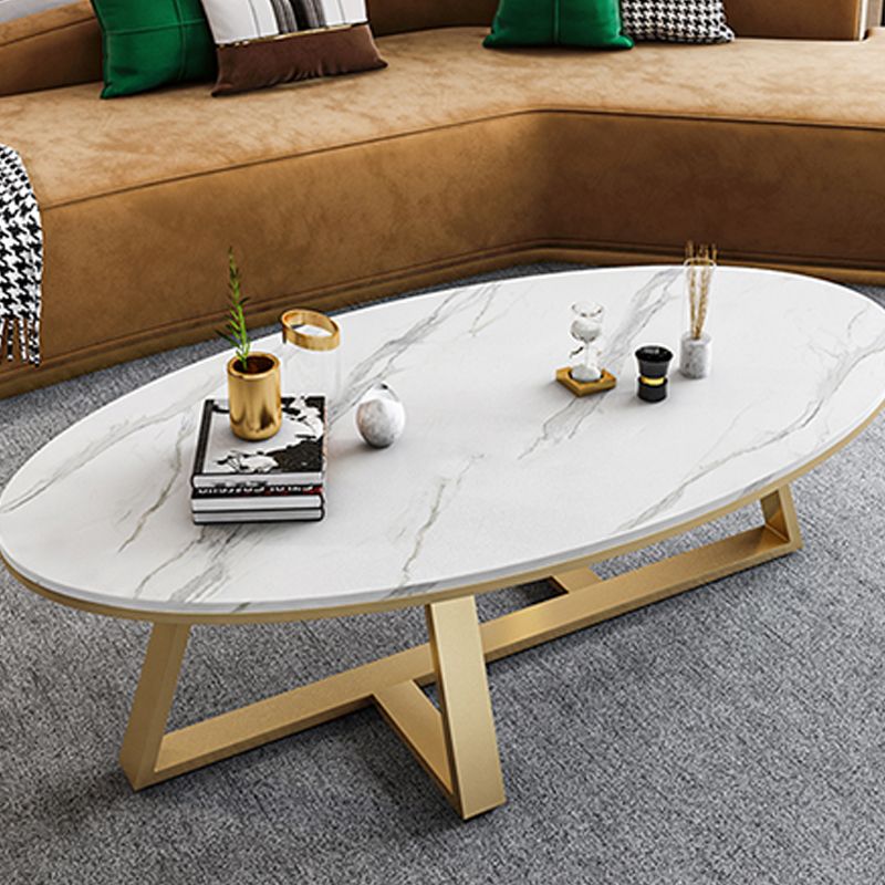Oval Stone Top Coffee Table with Iron Cross Base Cocktail Table in White