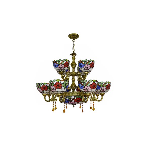 15 Lights Dome Shade Hanging Light Tiffany Stained Glass Two-Tier Chandelier with Flower Pattern for Dining Room