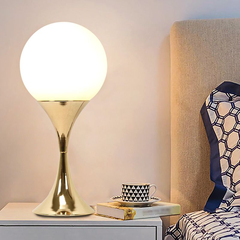 Modern Style Spherical Night Table Lamp White Glass One Light Nightstand Lamp in Gold