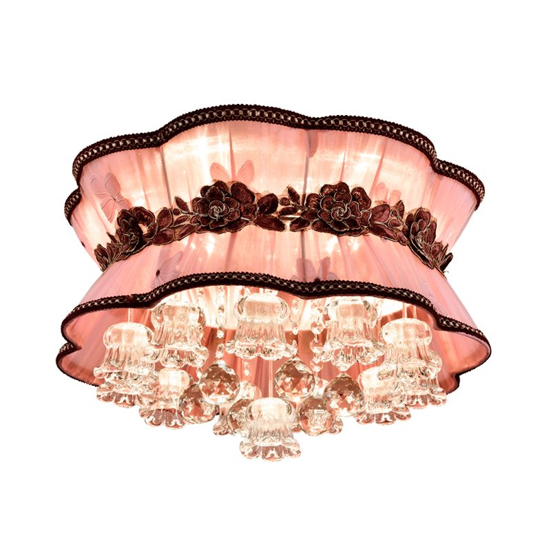 Pink Flower Flush Ceiling Light Modern Fabric LED Ceiling Mount Light avec Crystal Deco pour l'Hôtel