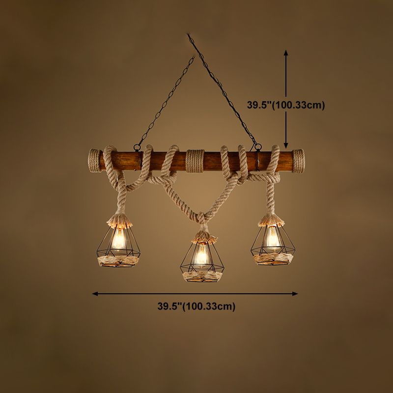 Retro Bamboo Island Light 3 Lights Island Pendant with Natural Rope for Restaurant