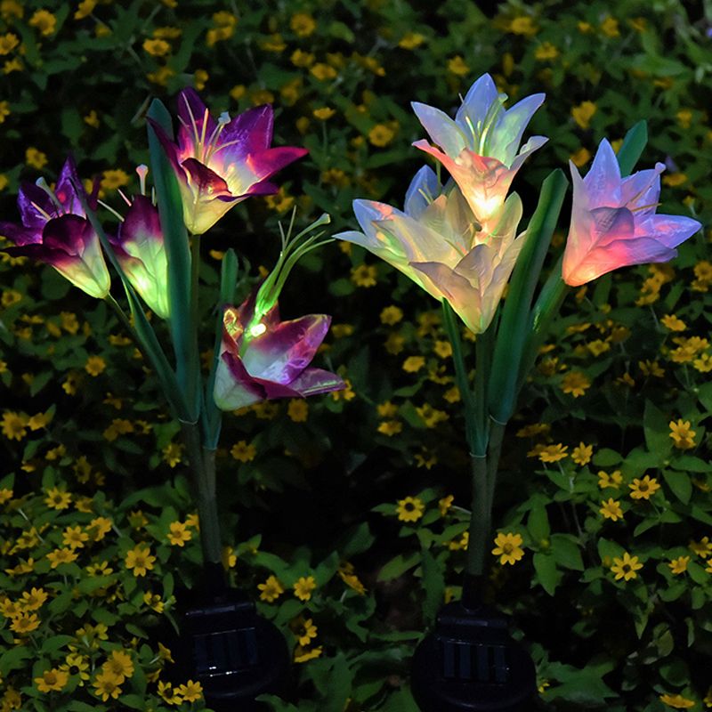 4-Bulb Lawn Ground Light Modern White/Purple/Red Solar LED Path Lamp with Artificial Lily Fabric Shade, 2 Packs
