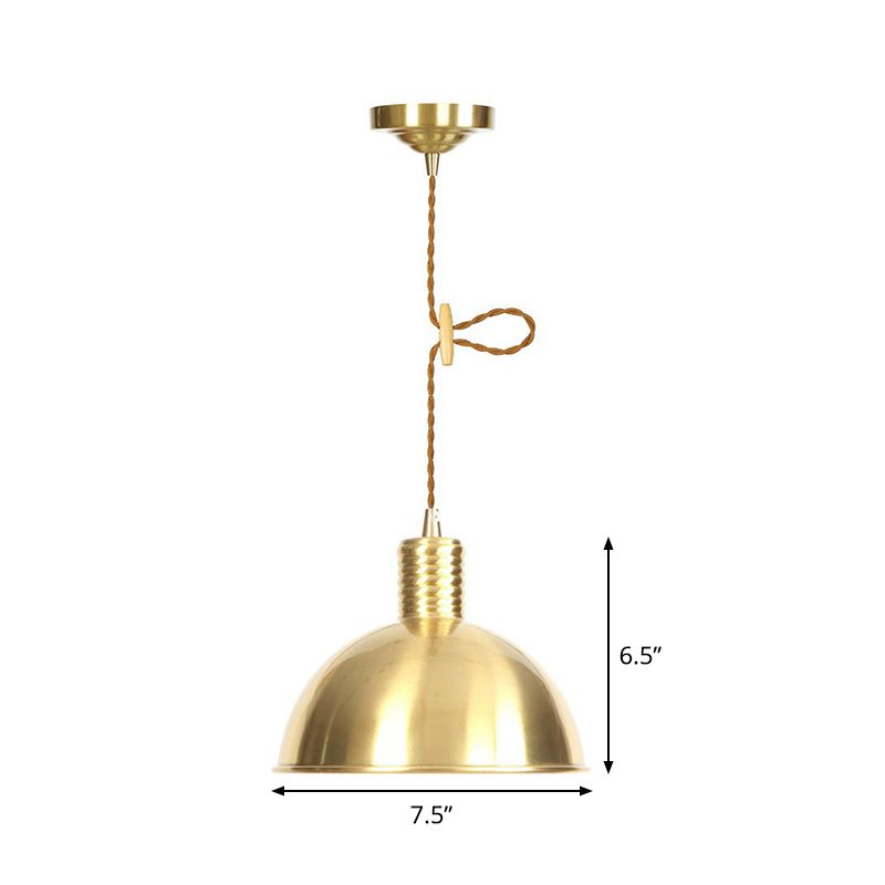 Iron Gold Finish Pendant Lamp Flat/Bowl/Cone Shade Single-Bulb Antiqued Suspension Lighting Fixture