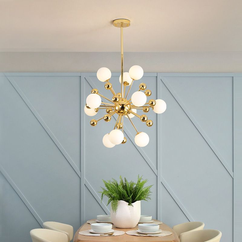 Designer Starburst Metal Chandelier Multi Lights Gold Ceiling Pendant Lamp with White Glass Ball Shade, 23.5"/31.5"/39" Wide
