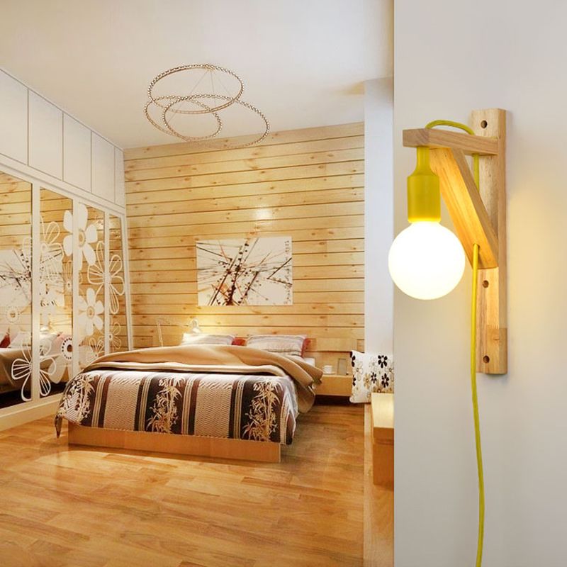 Nordic Wood Wall Light Geometric Metal Shade Wall Sconce with Switch for Bedroom