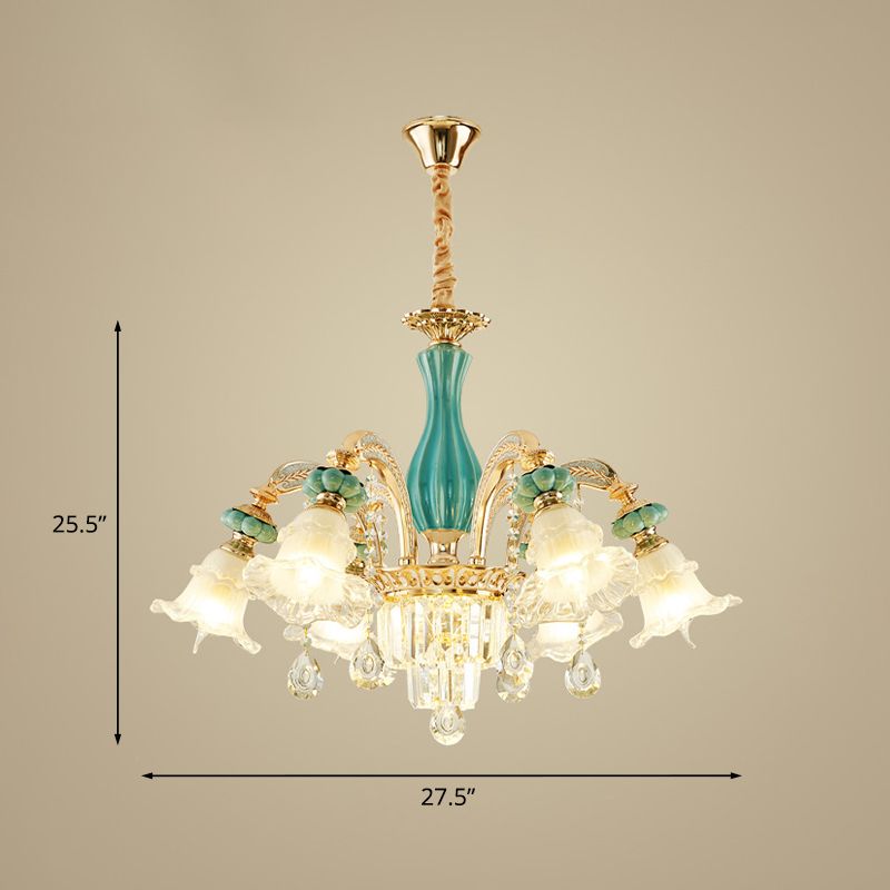 6-Head Drooping Flower Chandelier Retro Gold-Teal Frosted Glass Suspension Lamp with Crystal Accent