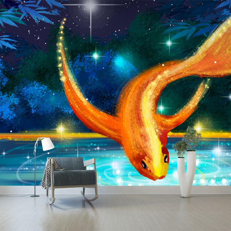 Aqua Night Scenery Wallpaper Mural Goldfish with Sparkling Lake Asian Waterproof Wall Decor