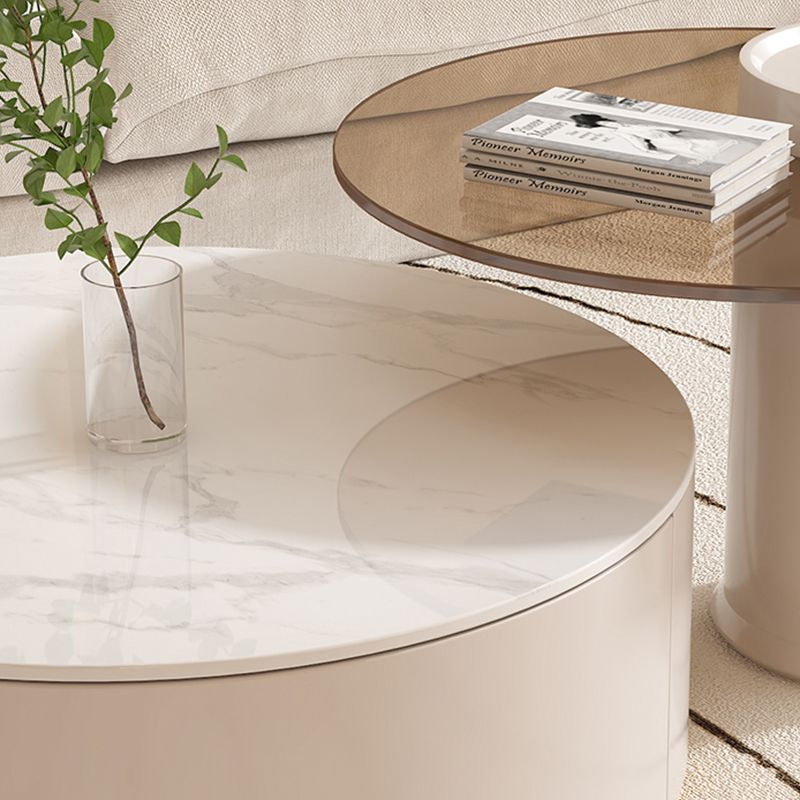 Drum Coffee Table Round Slate Top Cocktail Table with 2 Storage Drawers