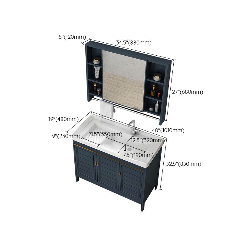 Blue Bath Vanity Single Sink Freestanding Metal Frame Mirror Vanity with Soft Close Doors