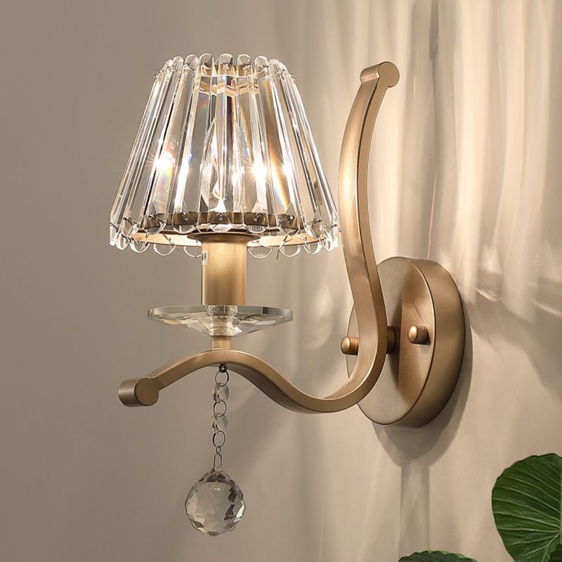 Crystal Prism Antiqued Gold Sconce Conical 1 Head Minimalist Wall Mount Light Fixture