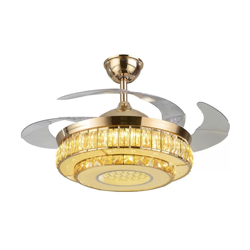 2-stufiger Kreis abgeschrägtes Kristall Semi Flush Moderne 19-Zoll-LED Gold Hanging Lüfterlampe, 4-Blade