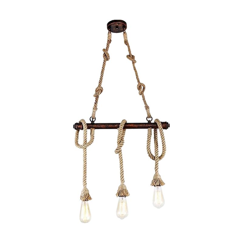 3/5 Heads Open Bulb Island Pendant Warehouse Beige Metal Hanging Ceiling Light for Dining Room with Rope Wrapped Accent