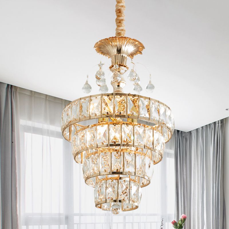 4-laags kegel kristal drop lamp traditionele 5 lichten woonkamer kroonluchter hanger in goud