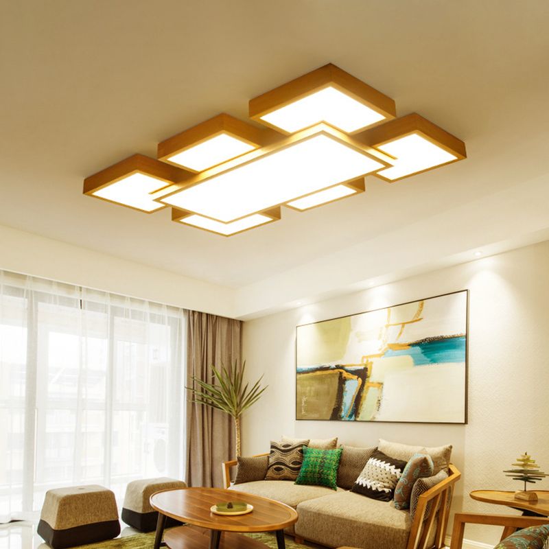 Beige vierkant/rechthoekblokspoellicht modern 22 "/31,5"/42 "brede LED houten plafond gemonteerde lamp