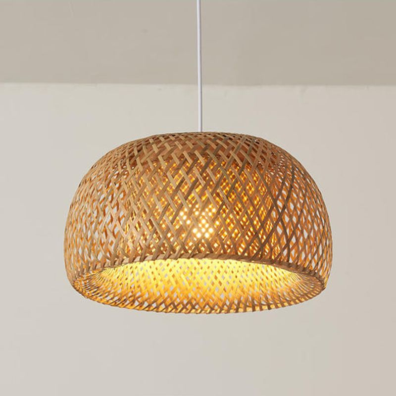 Asia Style Half-Circle Pendant Lighting Fixture Rattan Restaurant Pendant Light Kit in Beige