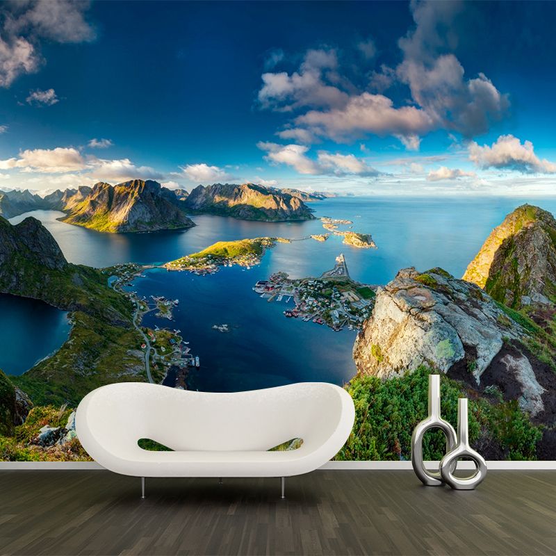 Aerial View Coastal Mountains Mural Contemporary Non-Woven Wall Art in Blue-Green