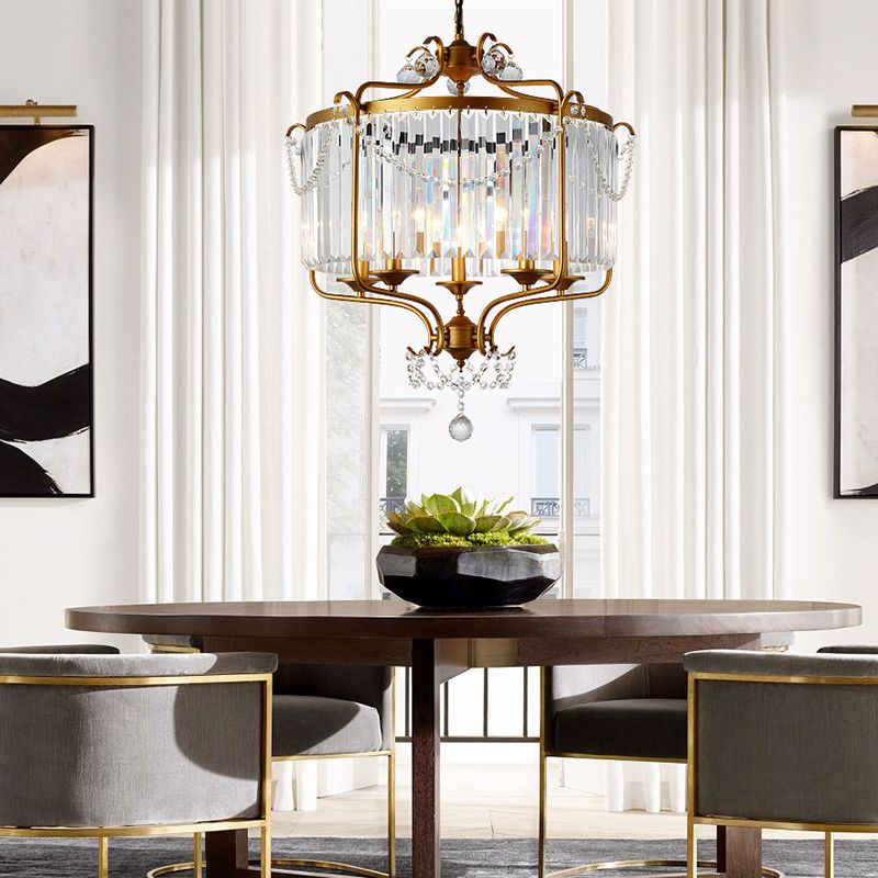 Faceted Crystal Chandelier Lamp Round Countryside Pendant Light Kit with Wire Cage for Living Room