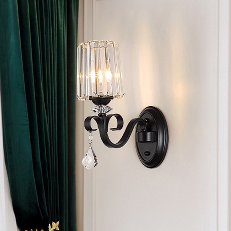 1/2-Light Clear Prismatic Crystal Sconce Modern Black Cylinder Living Room Wall Mount Lamp