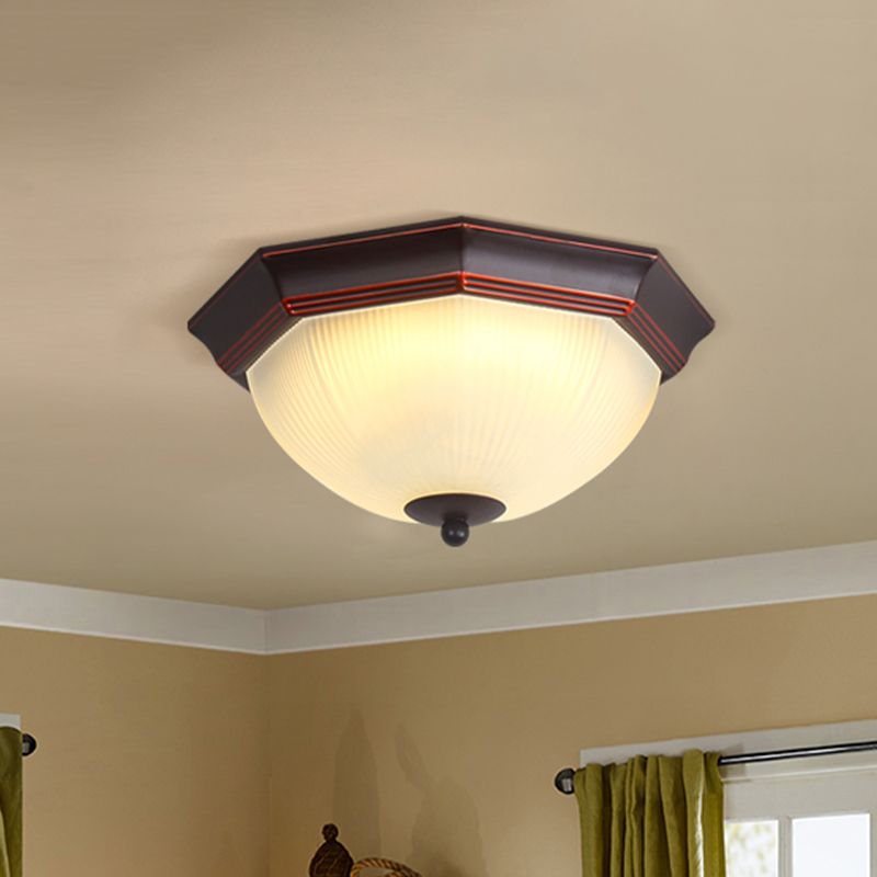 Octagon Bedroom Flush Mount Retro Prismatic White Glass 3-Light Black Ceiling Mounted Light