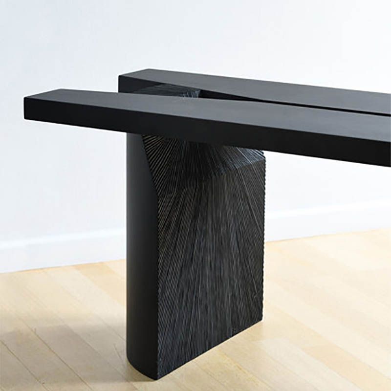 Contemporary Pine Wood Bench Black Seating Bench with Double Pedestal