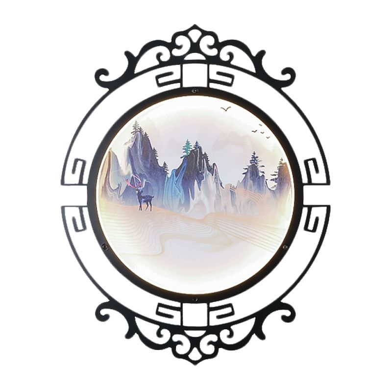 Elk and Mountain Study Room Mural Lamp Metal Asian LED Wall Light Fixture with Scroll Frame in Black