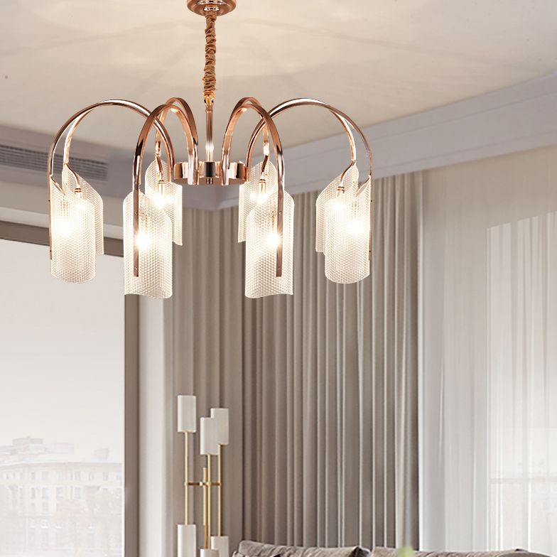 Araña de araña de estilo posmoderno de oro rosa con textura de diamante de brazo de ángulo ajuste de iluminación de sombra acrílica para sala de estar